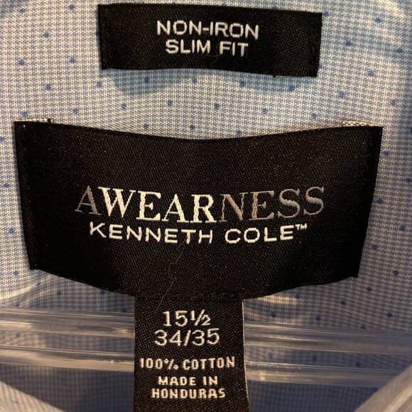 Kenneth Cole Awearness Blue Non-Iron Slim Fit Long Sleeve Button-Up Dress Shirt - Picture 12 of 15